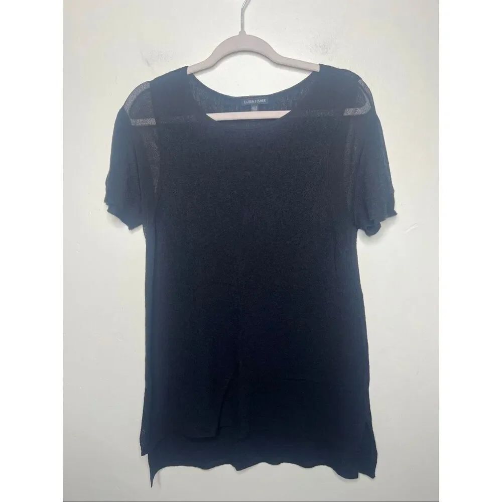 Eileen Fisher Black Knit Tunic Shirt Short Sleeve Sz L Cotton Viscose Nylon